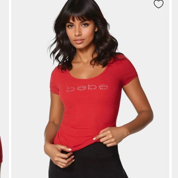 bebe Tops - BEBE LOGO SHORT SLEEVE SCOOP NECK SINGLE STONE RIB TOP size S